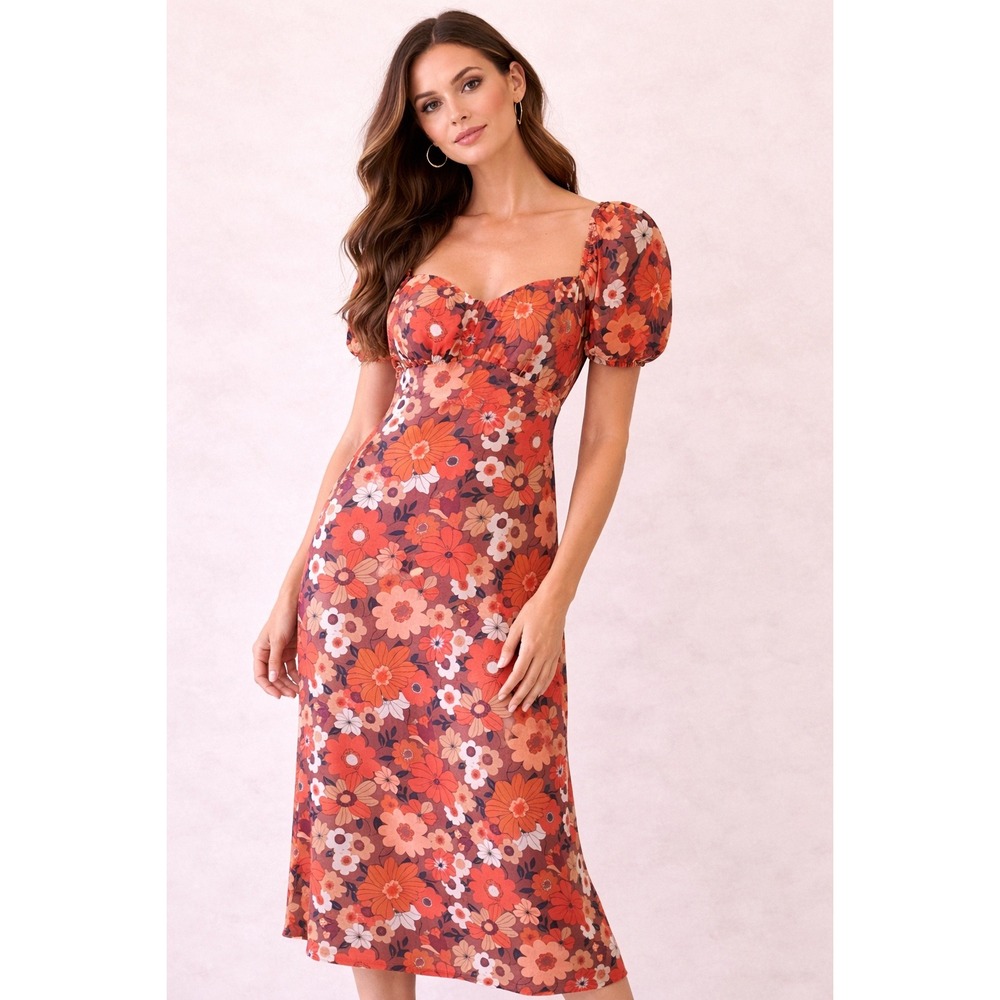 Max+Ash- Brown and Orange Puff Sleeve Maxi Sundress Size M